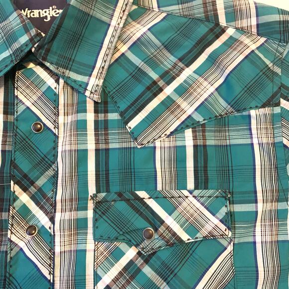 Wrangler Western Wear Mens Shirt Large Teal Plaid Modern Fit Snap Closure Cowboy - Picture 4 of 14